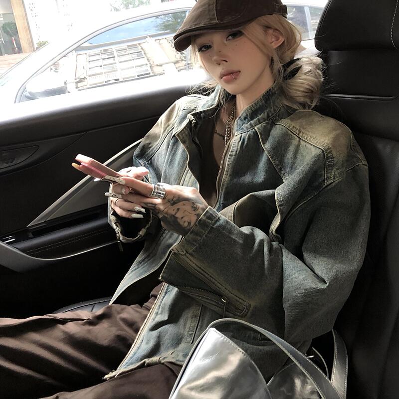 Heavy-Duty Deconstructed Denim Jacket for Men and Women, Spring and Autumn Style, Washed and Distressed, High-End, Cool and Handsome, American Retro Zipper Jacket