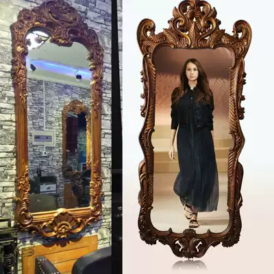Lichen shop mirror table European carved retro full-length mirror beauty salon mirror wall-mounted fashion hair cutting mirror table