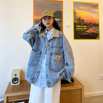 Afraid of trouble corduroy stitching denim jacket female 2021 Spring and Autumn New Korean loose bf retro harbor style jacket