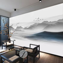 New Chinese style black and white landscape TV background wall paper abstract artistic conception Living room sofa film and television wall cloth seamless mural