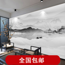 Chinese black and white ink landscape painting TV background wall paper Living room film and television wallpaper Mural tea room decorative wall cloth