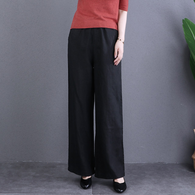 2024 Spring Cotton and Linen Pants Women's Loose Retro Linen Drape Pants Large Size Straight Leg Wide Leg Women's Casual Pants