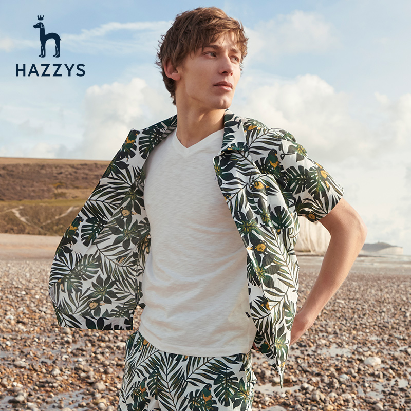 Hazzys men's casual short-sleeved shirt Haggis spring summer new print fashion top trend cotton shirt