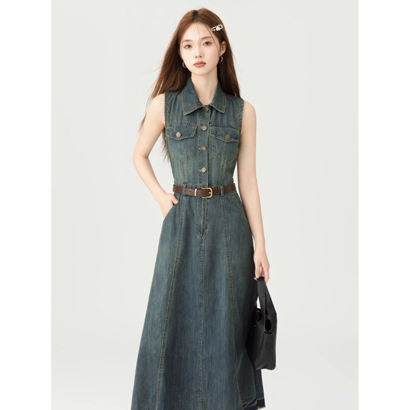 Retro Sleeveless Denim Dress for Women, Summer Thin Design, Niche Elegant, Waist Slimming, A-Line Long Skirt