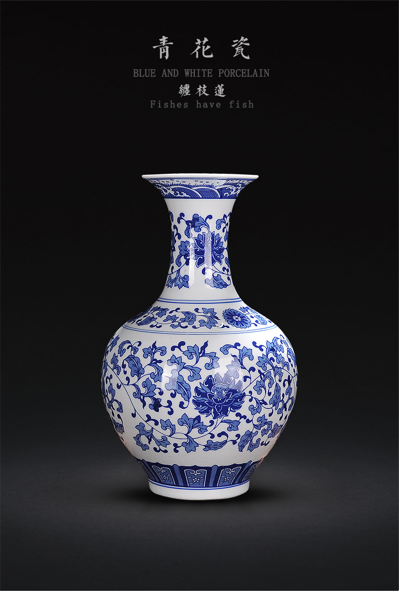 Blue and white porcelain of jingdezhen ceramics bound branch lotus bottle of new Chinese style decoration room porch flower arrangement handicraft furnishing articles