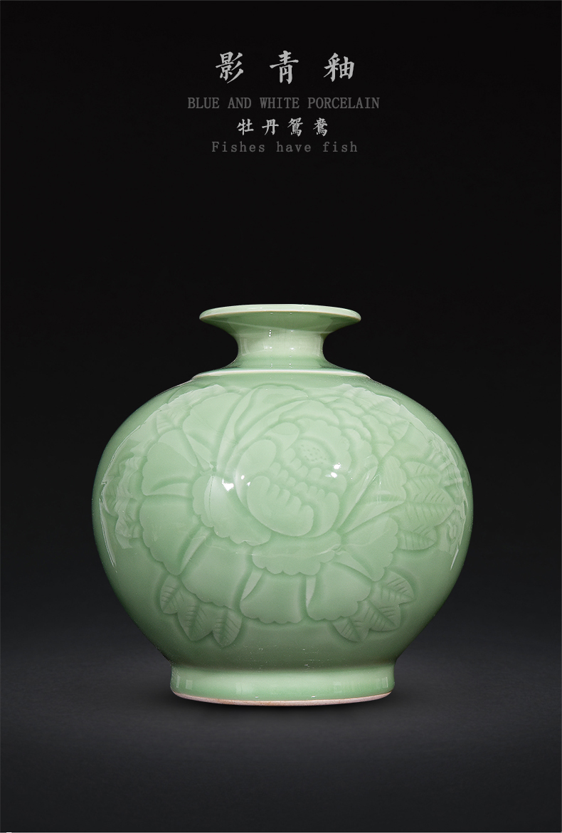 Jingdezhen ceramics shadow blue vase peony Chinese wine sitting room porch home decoration carving gifts furnishing articles