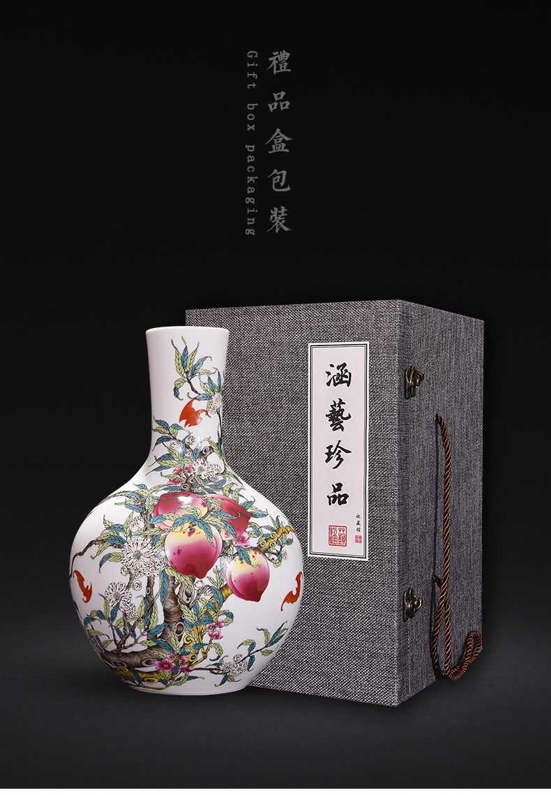 Jingdezhen ceramics archaize sitting room of famille rose porcelain vase flat peach flower arrangement of Chinese style household adornment handicraft furnishing articles