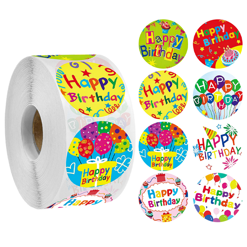500 Rolls Children Cartoon Happy Birthday Stickler Stickup Closure Post Toddler Cute Birthday Party Decorations