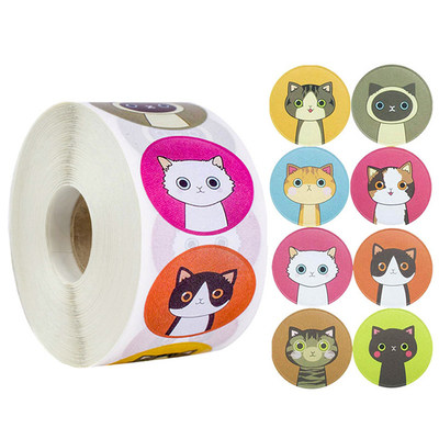 500 rolls of cute kitten stickers 1 inch round handbook decoration label animal stickers 8 patterns