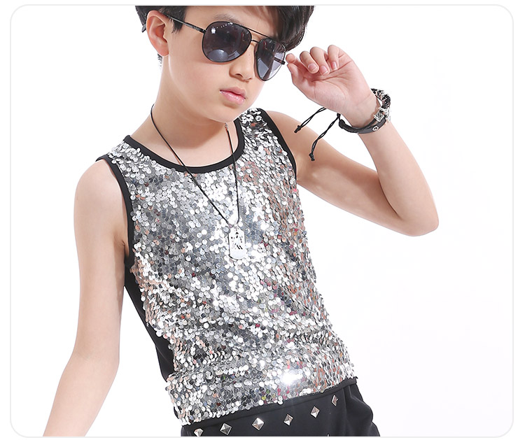 Nam trang phục sân khấu ca sĩ chủ trẻ em trang phục điệp khúc đen sequined vest T-Shirt boy trang phục