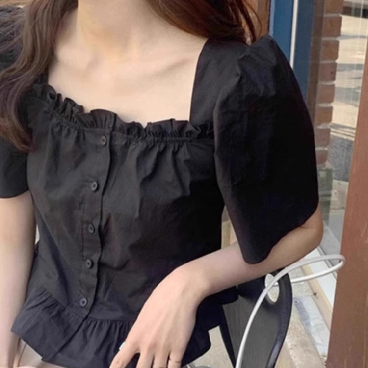 French-Style High-End Puff Sleeve Square Neck Short-Sleeve Shirt 2026 New Women's Summer Slim-Fit Short Black Top French-Style High-End Puff Sleeve Square Neck Short-Sleeve Shirt 2026 New Women's Summer Slim-Fit Short Black Top