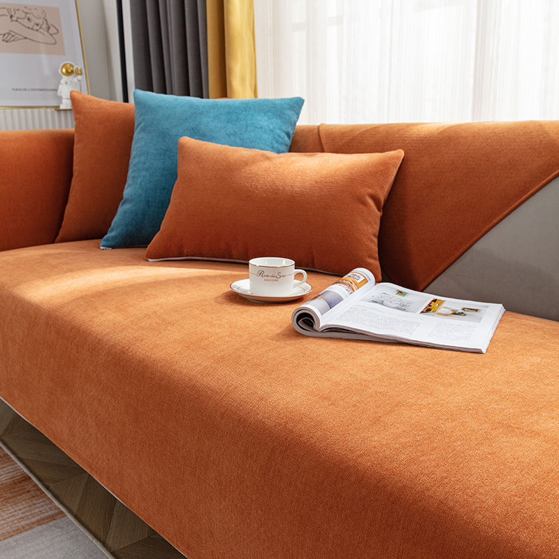 Orange Sofa Cushion, Suitable for All Seasons, Non-Slip, Simple and Modern, Chenille, High-End, Light Luxury, Orange Sofa Cover Cloth