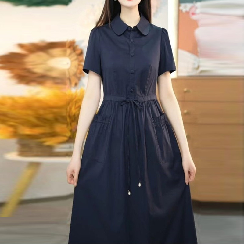 Short-Sleeved Waist-Slimming Dress for Women 2026 Summer New Mid-Length Belly-Covering Knee-Length Solid Color Breathable Skirt