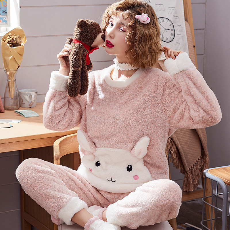 Coral velvet pajamas female fresh student flannel long-sleeved home clothes sweet and cute autumn suit youth