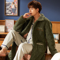 Mens Pajamas Coral Suede Autumn Winter Style Three Layers Clip Cotton Thickened Garnter Warm Flannel Suede Youth Home Suit Suit