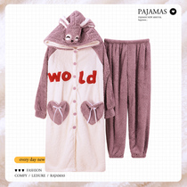 Sleepwear Woman New Autumn Winter Coral Suede Warm Thickening Cartoon Cute Teenage Girl Big Code Loose Sleeping Robe Home Clothes