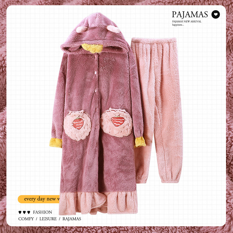 Coral fleece ladies pajamas winter cute flannel autumn and winter thick plus velvet girl nightgown home wear suit