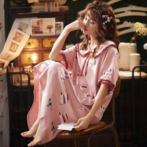  New summer pure cotton pajamas womens night dresses spring thin short-sleeved mid-length Korean girls can wear home clothes outside