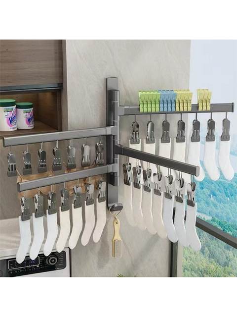 Folding Clothes Hanger with Multiple Clips, Wall-Mounted for Home Use, Sock Drying Rack, Balcony Underwear and Sock Clip, No Drilling Required