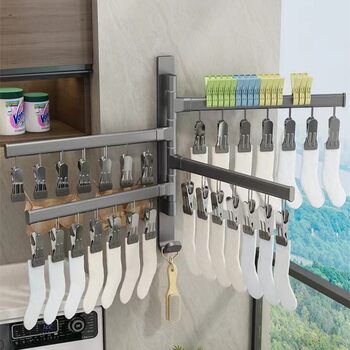 Folding Clothes Hanger with Multiple Clips, Wall-Mounted for Home Use, Sock Drying Rack, Balcony Underwear and Sock Clip, No Drilling Required