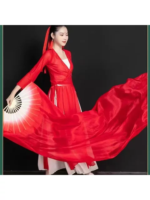 Classical Dance Long Floating Head Long Fan Dance Fan Big Red Wine Red Gradient Color Dance Fan Wanjiang Dance Fan