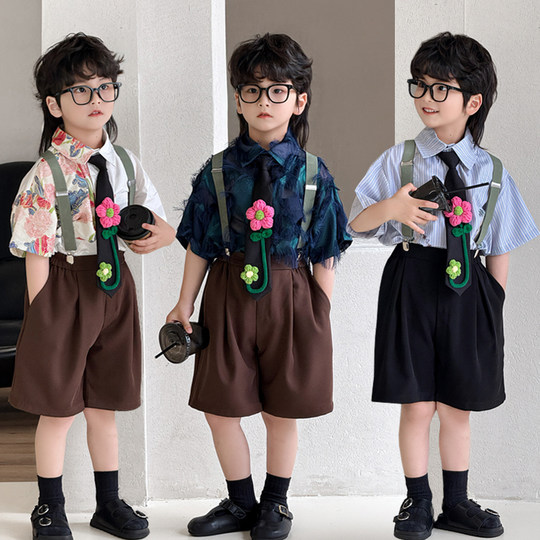 花童男童礼服夏季韩版儿童西装套装洋气短袖背带男孩主持人演出服