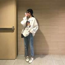 2021 Winter New pregnant women loose casual cartoon padded fleece sweater denim belly pants two-piece set