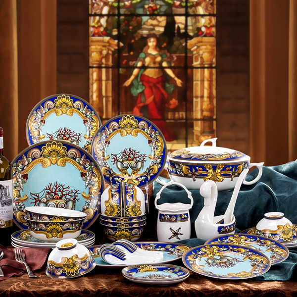 Jingdezhen high-grade tableware dishes European dishes set household simple bone China creative Fan Si Ocean wind gift