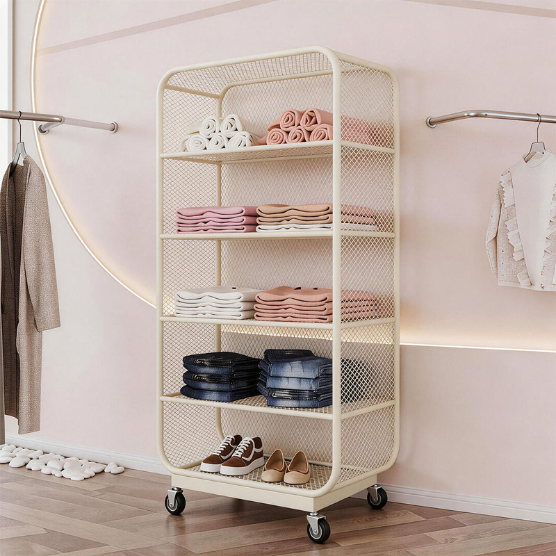 Cream-Colored Metal Grid Display Rack Clothing Store Movable Multi-Layer Storage Rack Home Book Floor-Standing Storage Rack Cream-Colored Metal Grid Display Rack Clothing Store Movable Multi-Layer Storage Rack Home Book Floor-Standing Storage Rack
