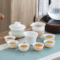 Jingdezhen tea set blue and white porcelain honeycomb exquisite kung fu tea set hollow whole set of teacups
