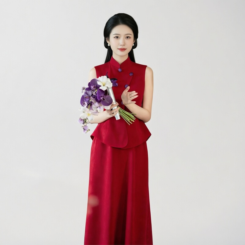 New Chinese-Style Bride's Red Stand-Collar Qipao Dress and Skirt Two-Piece Set for Summer, Plus-Size Engagement Dress Set