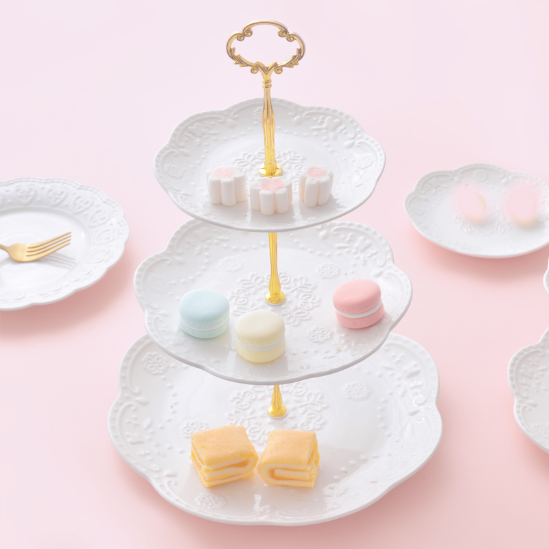 European-Style Three-Tier Dessert Plate Cake Plate Afternoon Tea Dessert Plate Living Room Household Candy Tray Rack Ceramic Fruit Plate