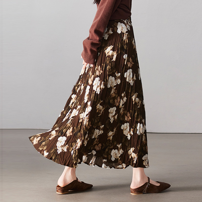 Japanese-Style Pleated Skirt Spring/Summer 2026 New Floral Skirt Camellia Floor-Length Skirt Pleated Flowing A-Line Skirt