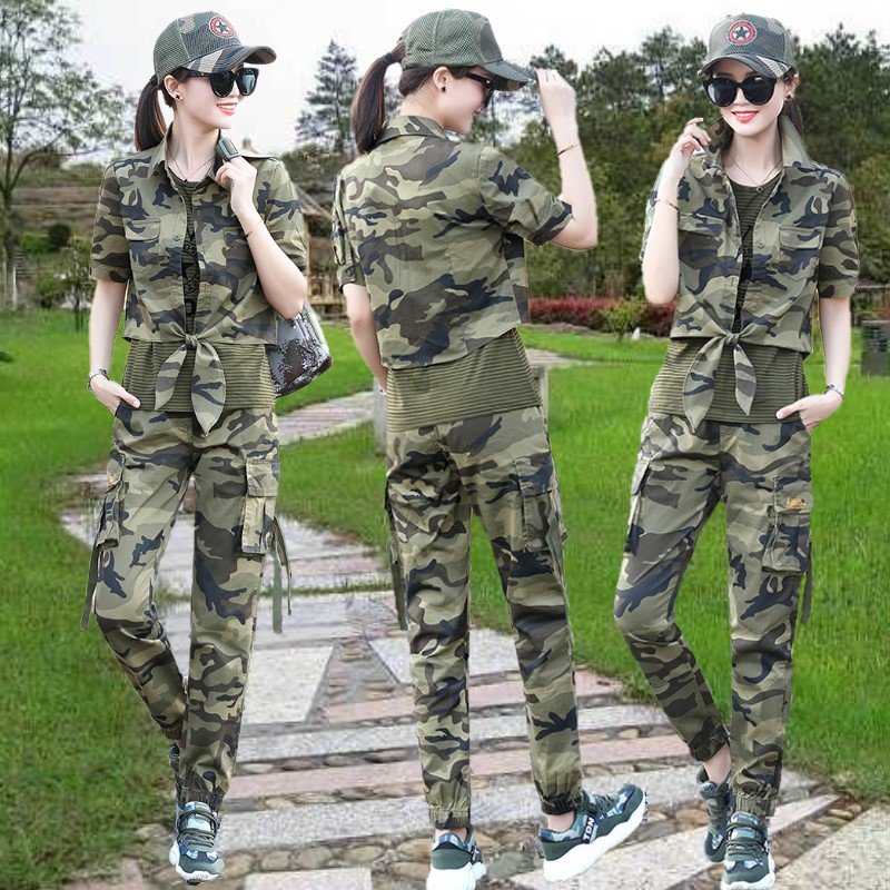 Short camouflage shirt suit short-sleeved female handsome 2022 summer set of three-piece military fan slim striped vest