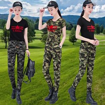 Outdoor camouflage black short-sleeved T-shirt suit female sailor dance performance clothing female military slim sports trousers two-piece set M