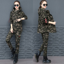 Outdoor camouflage clothing mid-length jacket 2022 spring and autumn new style military training uniforms womens military fan windbreaker two-piece set trendy