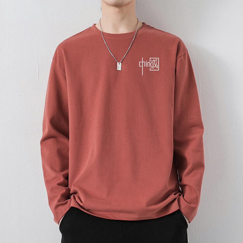 National Trend Printed Long-Sleeved Pure Cotton T-Shirt for Men, Small Round Neck Inner Layer Sweatshirt, Simple Casual Trendy Top, Autumn ins Clothing
