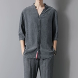 Спортивный костюм, тонкая дышащая рубашка, из хлопка и льна, китайский стиль