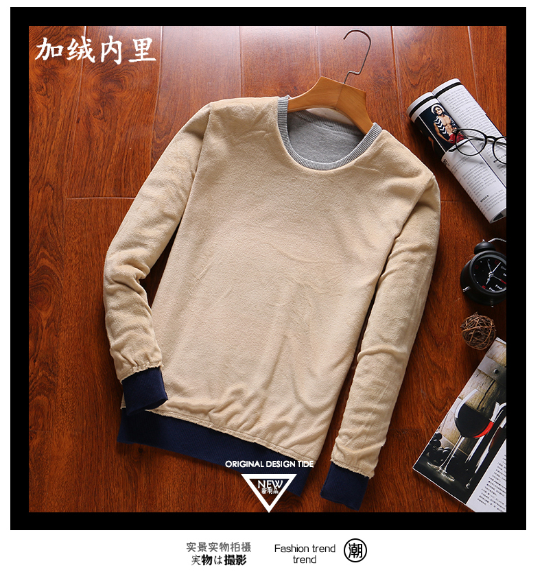 Áo thun cotton nam tay dài cộng với nhung dày cổ tròn sọc đáy áo Hàn Quốc Áo len mỏng ấm áp quần áo thủy triều áo thun nam form rộng