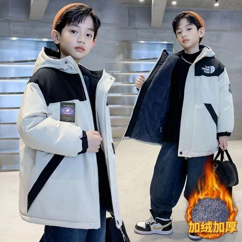Boys' Winter Cotton Parka Jacket with Fleece Lining, Thickened Cotton Coat, 2004 New Style, Medium and Large Children's Windbreaker, Children's Cotton Clothing