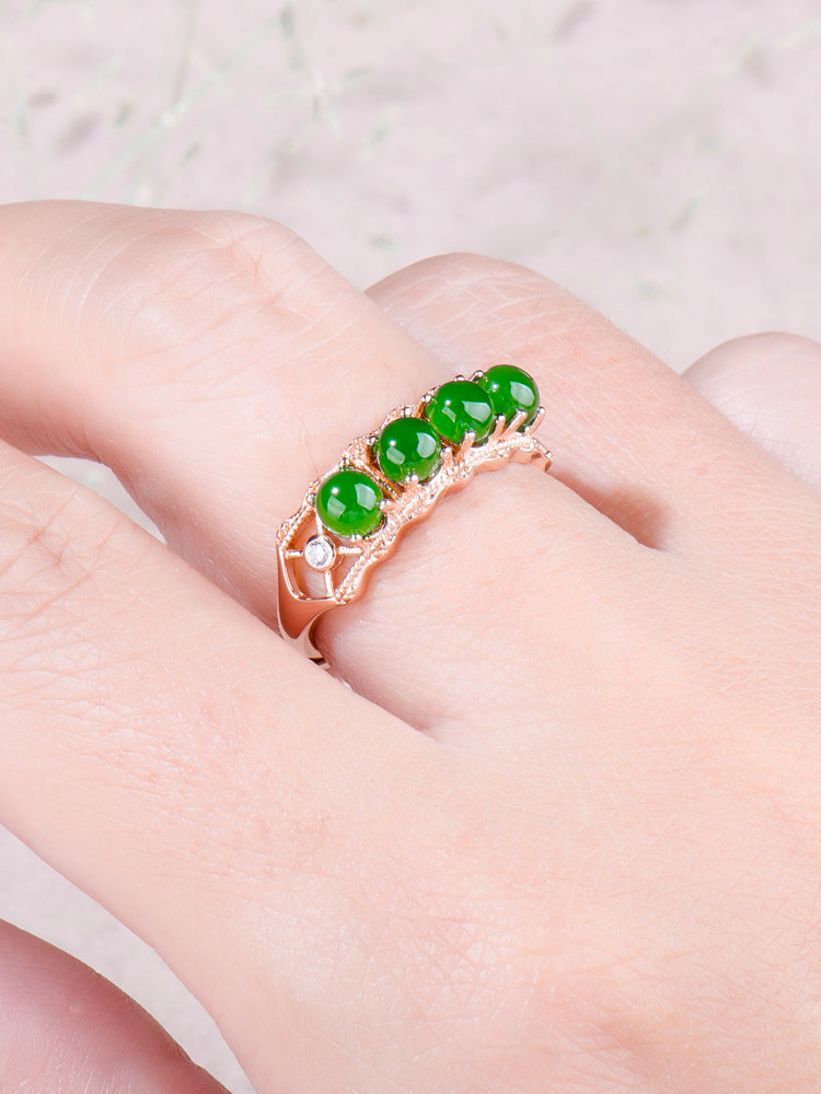 Hetian Jade Ring Female Xinjiang Hetian Natural Laokeng Jade S925 sterling silver cabbage green jasper ring female
