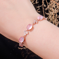 Powder Crystal Bracelet Woman Han Edition Brief Personality Small Flowers S925 Pure Silver Rose Gold Natural Hibiscus Stone