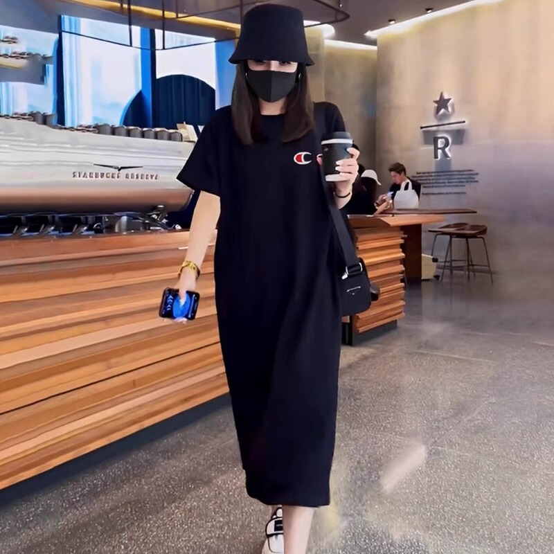 Champion Lingyu Dress Women's 2026 Summer New Over-The-Knee Long Pure Cotton Round Neck Short Sleeve T-Shirt Dress Long Skirt