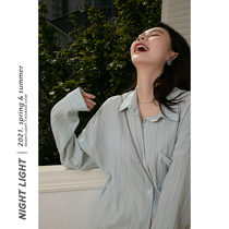 Fairy Gas Creatine Stripe Long Sleeve Shirt Woman Loose Medium Long section 2021 Early spring Folds Pure Color Pocket Gentle Lining