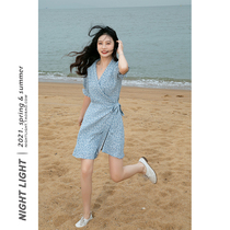 One-piece crumbled dress with dress female summer lotus leaf lace with short skirt v collar lace with waist high waisted blue dress