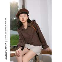 Luminous retro style Lotus Leaf Side Striped shirt Female Aging Bubble Sleeves 2021 Winter New 100 hitch blouses