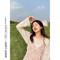 Noctilucent crushed flower harnesses one-piece dress Loose Summer Lace splicing snowspun outside the long skirt v Collar Sunscreen Dresses