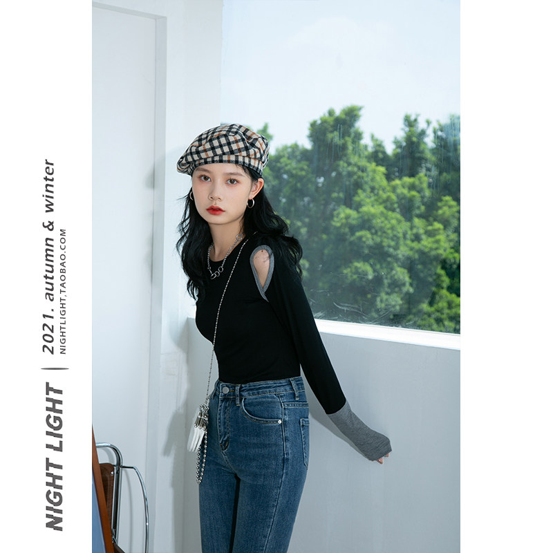 Luminous superA hot girl with open shoulder hollowed-out T-shirt woman with slim and reduced age 2021 Winter new 100 lap blouses