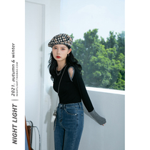 Luminous superA hot girl with open shoulder hollowed-out T-shirt woman with slim and reduced age 2021 Winter new 100 lap blouses