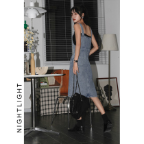 Luminous denim strap skirt female mid-length student spring new loose-over-the-knee bag split dress skirt